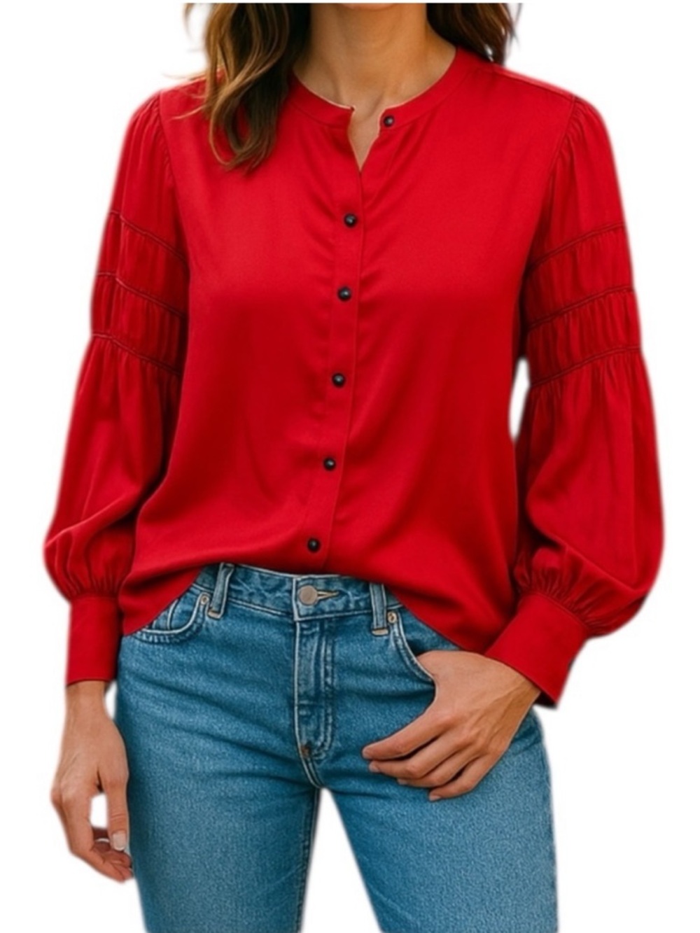 Caara Red Satin Ruffled Long Sleeve Button Down Blouse Shirt Size Large New